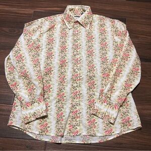 Kenneth Cole Women’s Button Down Blouse XXL Cream Pink Floral Long Sleeve‎